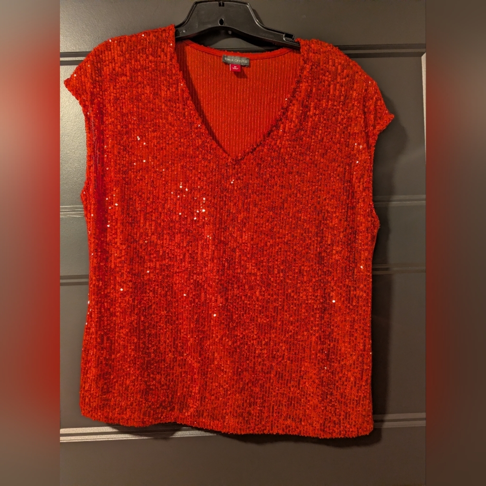 Vince Camuto Red Sequin V-Neck Tank Top